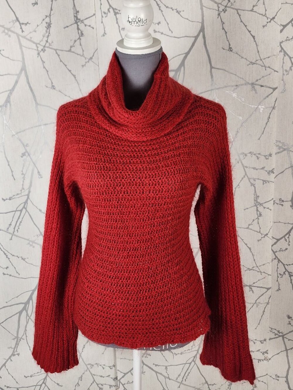Jackpot Red 50% Mohair Loose Knit Cowl Neck Flare Sleeve Sweater
